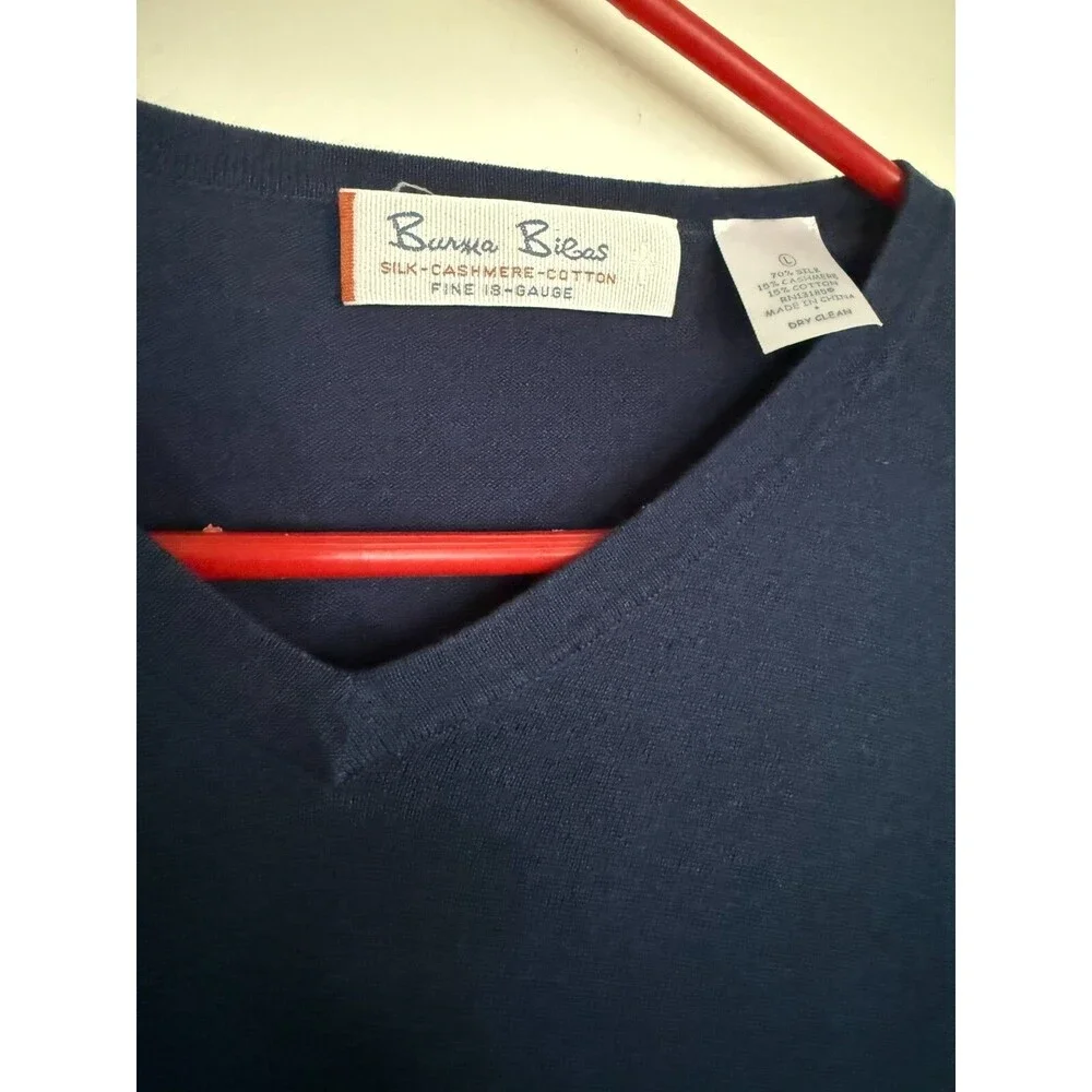 Vtg Burma Bibas Blue Silk/Cashmere V Neck Pullover Sweater Mens L Quiet Luxury